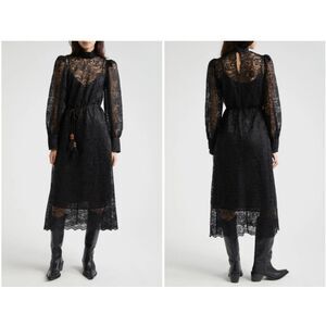 Farm Rio Women's Black Lace Tie Belt Long Sleeve Dress Size Small